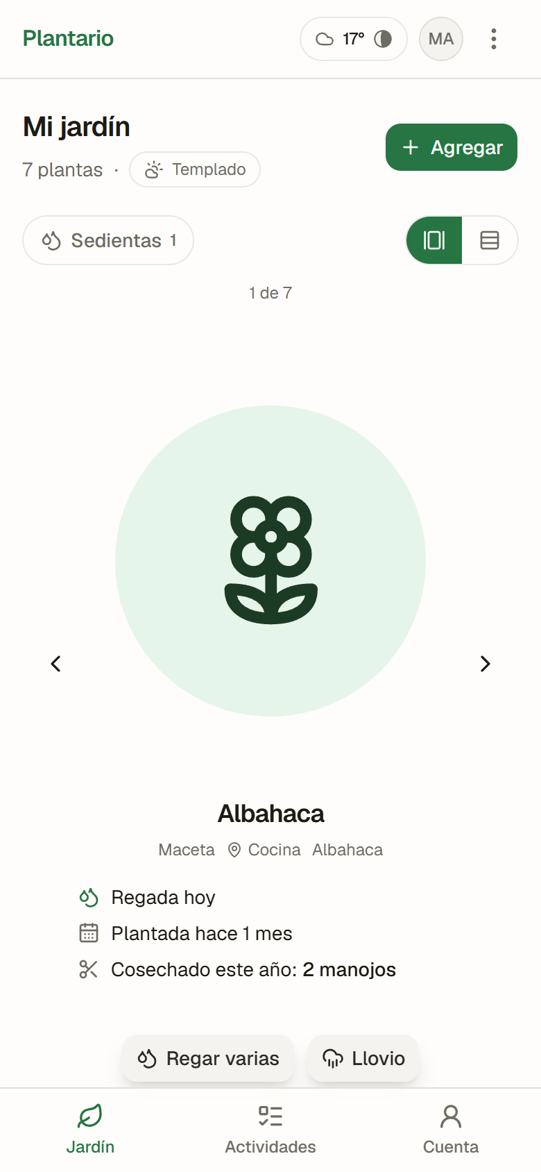La pantalla del jardín en el celular: siete plantas, una sedienta, y la albahaca en detalle con su último riego y lo cosechado este año.